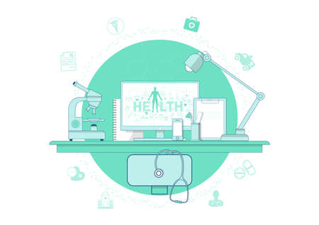 Flat line icon design website banner of health and medicacal solutions. Modern vector illustration for web design, marketing and print material.のイラスト素材