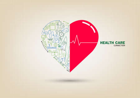 Healthcare integrated thin line heart symbols and health logo. Modern linear style vector concept, with connected flat design icons. Abstract illustration for medical, health, care, medicine, network and global concepts.のイラスト素材