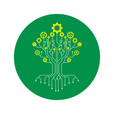 Technology tree stylized as an electronic circuit and yellow cog on green circle,Flower made of gear wheels. A vector illustrationのイラスト素材