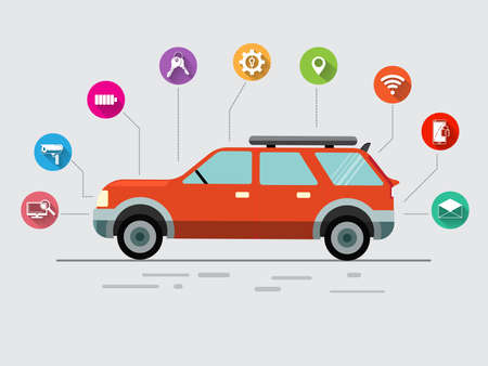 Thin line flat design of driverless car technology features,Modern vector illustration concept, isolated on white background.のイラスト素材