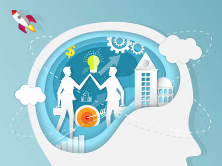 Paper cut business opportunities concept illustration. Businessman is searching the ability in brain...