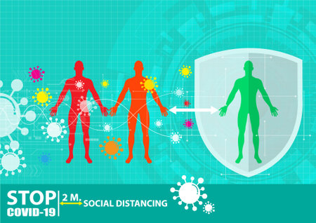 Health social distancing concept for preventing coronavirus covid-19 with people keeping a circular distance boundary ,vector illustration.のイラスト素材