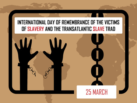 international day of remembrance of the victims of slavery and the transatlantic slave trade background with arms in chains. Vector illustration.のイラスト素材