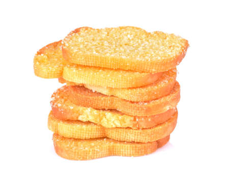 Buttered brown bread on a white backgroundの写真素材