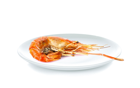 Shrimp in white plate on white backgroundの写真素材