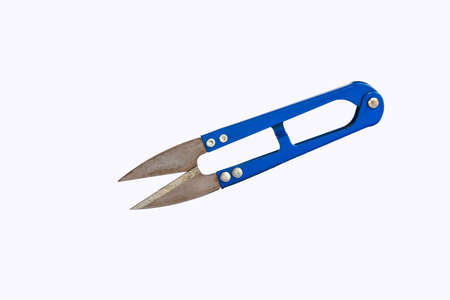 Old scissors for cut the thread on white background.