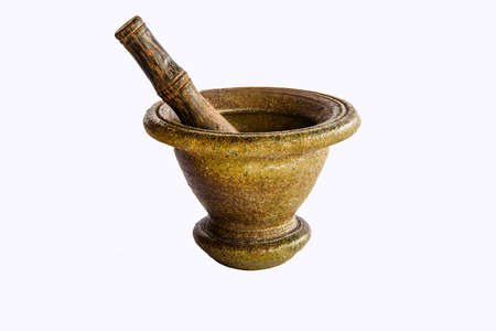 Stone mortar and pestle on white background.の写真素材