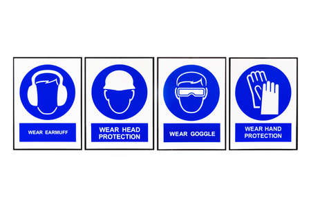 Wear earmuffs or earplugs, Wear head protection, Wear goggles, Wear hand protection, Blue and white Safety signs.の写真素材