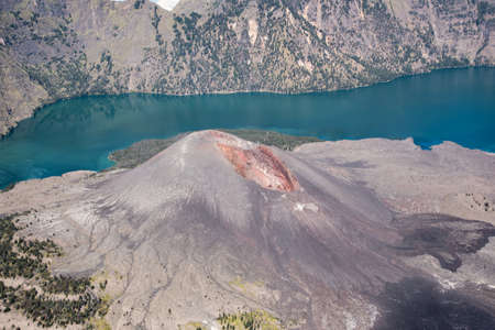 Close up of active volcano and crater lake from the summit of Rinjani Mountain, Lombok - Indonesia.の写真素材