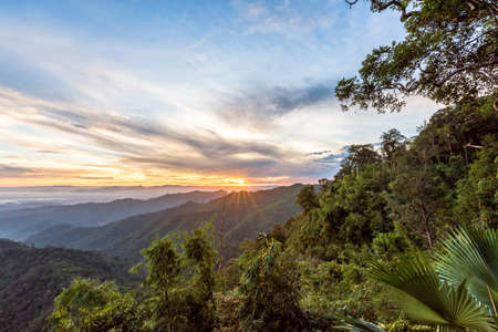 Mountain forest landscape under sunrise sky with clouds.の写真素材