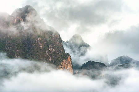 Cloud and fog covered on top mountain. Khao Sok National Park. Thailand.の写真素材