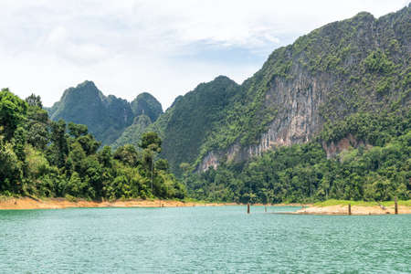 Scenery of Emerald lake, forest and mountain. Cheow Lan Dam. Khao Sok National Park. Thailand.の写真素材