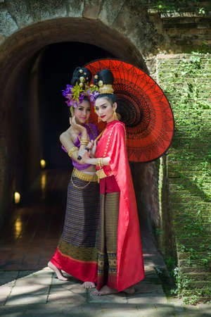 Thailand Lanna women dress .Thai woman dressing traditional. Wearing on important Day, New Year's Day/ Culture traditional Dayの写真素材