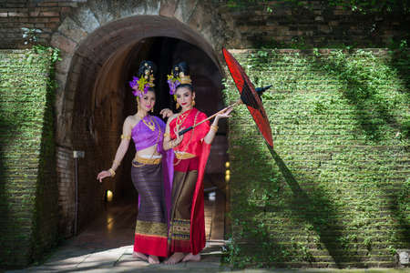 Thailand Lanna women dress .Thai woman dressing traditional. Wearing on important Day, New Year's Day/ Culture traditional Dayの写真素材