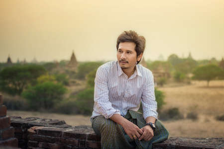 Portrait of Asian traditional handsome men, Bagan, Myanmarの写真素材