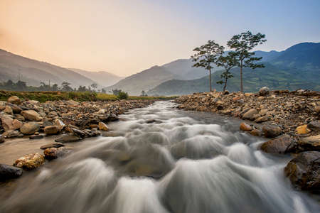 River in Tu le, scenic streams, fields of grain side, highland Tu le, Yen Bai, Vietnamの写真素材