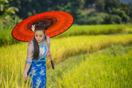 Beautiful asian girl in Myanmar traditional costume, with Red bamboo umbrella on on Rice fields Sky background, identity culture of Thailandの写真素材