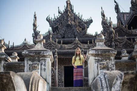 Beautiful girl in Myanmar traditional costume, identity culture of Myanmar,in Mandalay Palace, Happy asian womanのeditorial素材