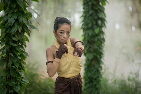 muay thai boran fighter one woman boxer boxing kickboxing Thai boxing vintage style,Thailandの写真素材