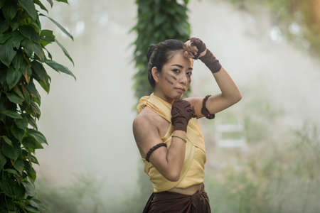 muay thai boran fighter one woman boxer boxing kickboxing Thai boxing vintage style,Thailandの写真素材