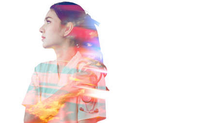 Double exposure portrait of two beautiful fashion girls. Surgical,Surgeons,male doctor, working with Monitoring of patient in surgical operating room,in hospital. success with operating concept,stethoscope,medical,concept,on white backgroundの写真素材