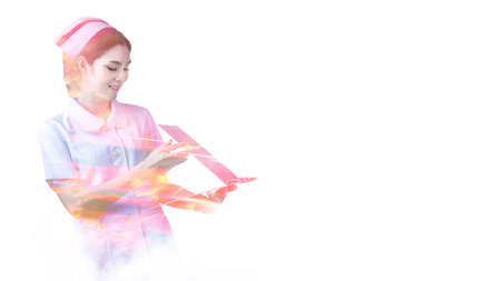 Double exposure portrait of two beautiful fashion girls. Surgical,Surgeons,male doctor, working with...