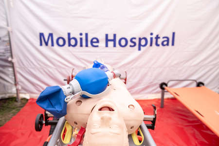 CPR Airway Management Training medical procedure AED and bag mask valve , Demonstrating chest...