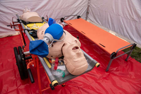 CPR Airway Management Training medical procedure AED and bag mask valve , Demonstrating chest compressions on CPR doll in Mobile Hospitalの写真素材