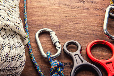 Climbing equipment outdoor for a Mountain trip or RescueWith rope carabiners ascender belay/rappel...