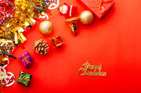 Merry christmas and happy new year greeting card in red tonesの写真素材