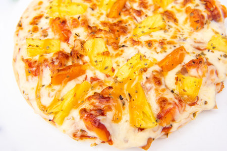 Close up of a Pizza in a cardboard box against on white backgroundPizza delivery. Pizza menu.の写真素材