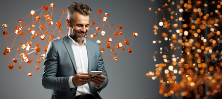 Businessman using mobile online banking and payment, Digital marketing. Finance and banking networking. Online shopping and icon customer network connection, cyber security. Business. Generated with AIの素材