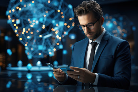 Businessman using mobile online banking and payment, Digital marketing. Finance and banking networking. Online shopping and icon customer network connection, cyber security. Business. Generated with AIの素材