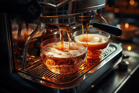 coffee extraction from professional coffee machine with bottomless filter. Generated with AIの素材