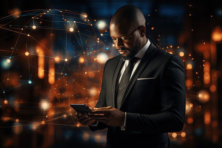 Businessman using mobile online banking and payment, Digital marketing. Finance and banking networking. Online shopping and icon customer network connection, cyber security. Business. Generated with AIの素材