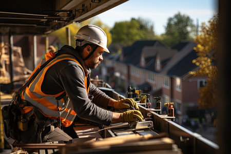 Construction worker wearing safety harness and safety line working on scaffolding at new house under construction. Generated with AIの素材