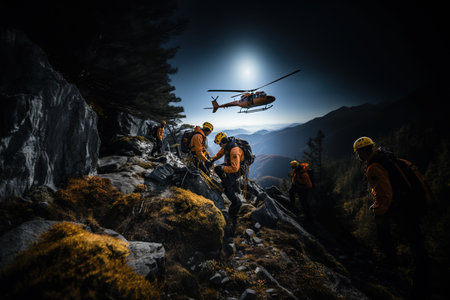 High-altitude rescue personnel use rope systems to rescue people in distress. Generated with AIの素材