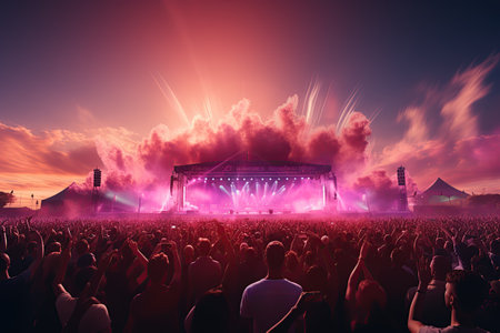 concert crowd summer music festival stage colorful lights. Generated with AIの素材