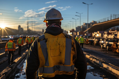 construction worker wearing a hard hat, a reflective vest, and currently working on a high-speed highway construction site. Generated with AIの素材
