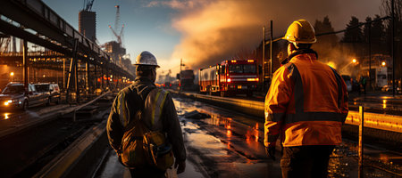construction worker wearing a hard hat, a reflective vest, and currently working on a high-speed highway construction site. Generated with AIの素材