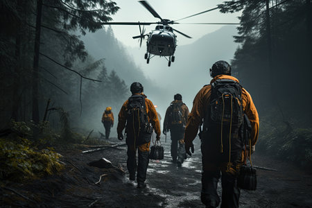 rescue personnel conducting a rescue operation in a dense forest or mountainous terrain. Generated with AIの素材