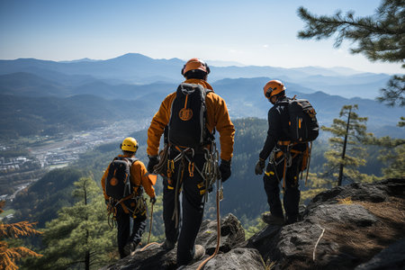 High-altitude rescue personnel use rope systems to rescue people in distress. Generated with AIの素材