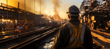 construction worker wearing a hard hat, a reflective vest, and currently working on a high-speed highway construction site. Generated with AIの素材