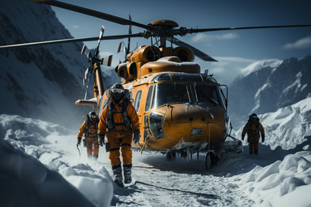 High-altitude rescue personnel use rope systems to rescue people in distress. Generated with AIの素材