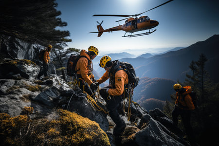 High-altitude rescue personnel use rope systems to rescue people in distress. Generated with AIの素材