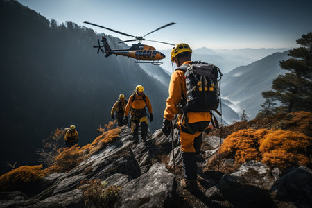 High-altitude rescue personnel use rope systems to rescue people in distress. Generated with AIの素材