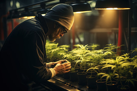 Portrait of scientist with mask , glasses and gloves. Checking analysing and results with Tablet to patient medical marijuana cannabis flowers in a greenhouseの素材