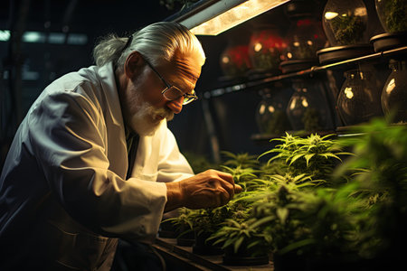 Portrait of scientist with mask , glasses and gloves. Checking analysing and results with Tablet to patient medical marijuana cannabis flowers in a greenhouseの素材