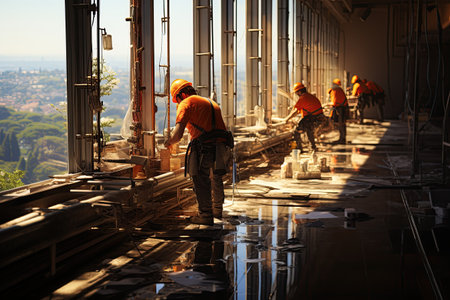Construction work at height wearing safety harness, Rope access and safety line working  under construction a roofâs edge. Generated with AIの素材