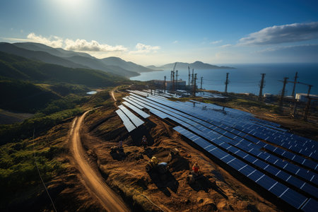 Workers are currently installing solar panels in a vast area, making it a large-scale solar installation project. Generated with AIの素材
